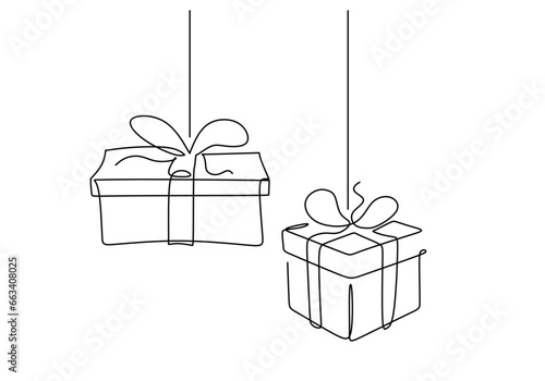 Hanging gift boxes. Continuous one line art drawing