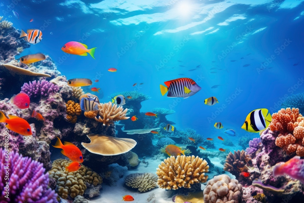 Naklejka premium Underwater world with corals and tropical fish.