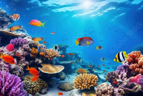 Podwodny świat z koralowcami i tropikalnymi rybami.