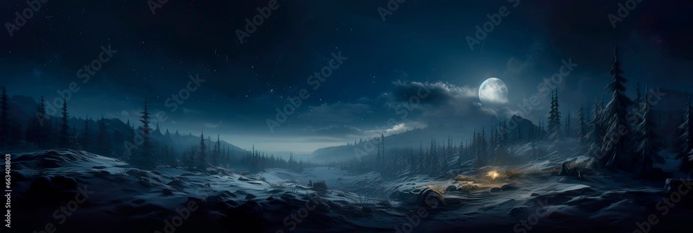 moonlit winter night with a forest bathed in shades of deep midnight blue and silver. - obrazy, fototapety, plakaty 