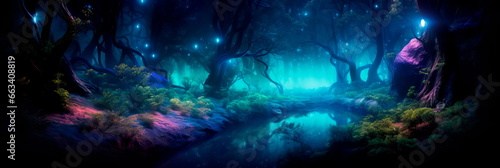 Bioluminescent Forest Fantasy a magical forest at night, where the trees emit an enchanting bioluminescent glow. © Maximusdn