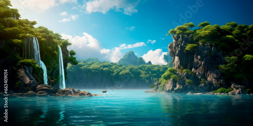 hidden island with a towering waterfall that flows into a crystal-clear lagoon.
