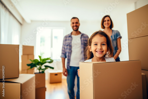 Happy little daughter with cardboard box in new apartment, blurred mother and father on background. Concept of mortgage, family, real estate and home loan. Moving day
