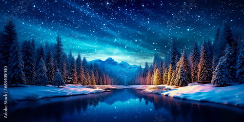 Explore the mysterious and enchanting world of Christmas night with deep blues and twinkling stars. © Maximusdn