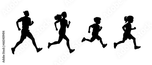 Vector silhouette Runners, Joggers, Sprinters Male and Female. woman, child, family isolated on white