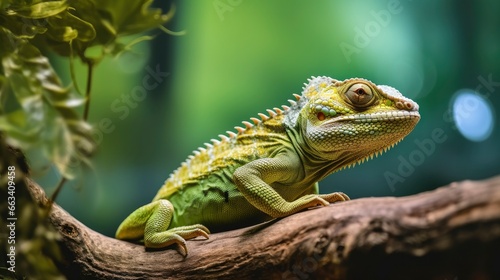 Chameleon reptile perches on a branch.