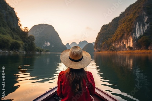 A woman enjoys a boat ride amidst the karst mountains, reveling in the sunset's beauty.