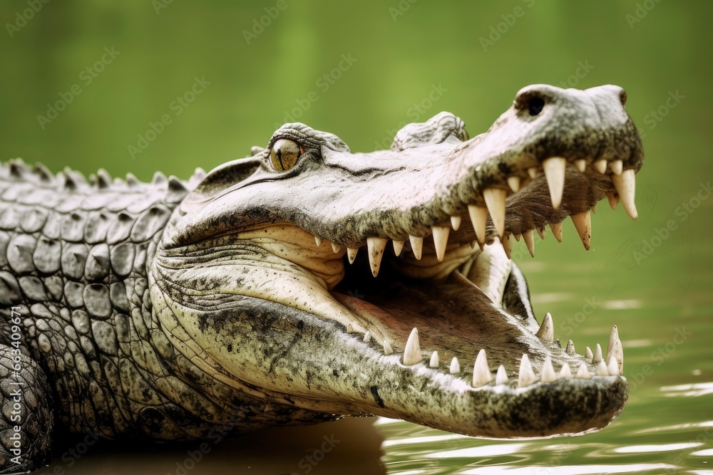 Fototapeta premium Crocodile with its mouth wide open with a green lake in the green background.