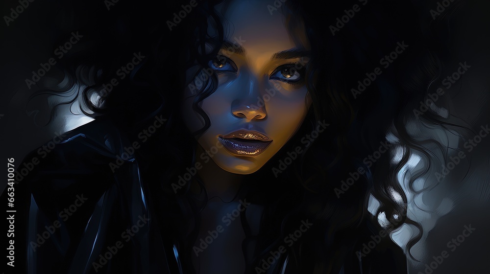 a painting of a woman with dark hair and blue eyes. generative ai a painting of a woman with dark hair and blue eyes. generative ai