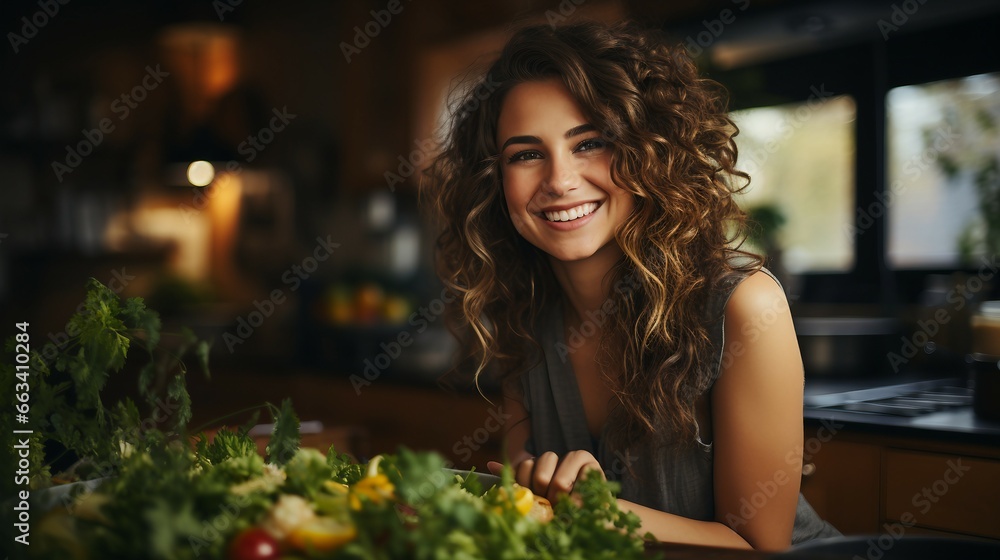 Woman with Curly Hair Making Food in the Kitchen Woman with Curly Hair Making Food in the Kitchen