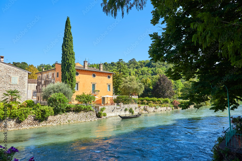 Beautiful panoramic view of the mill village of Borghetto in the south of Lake Garda, province of Verona,  Italy.