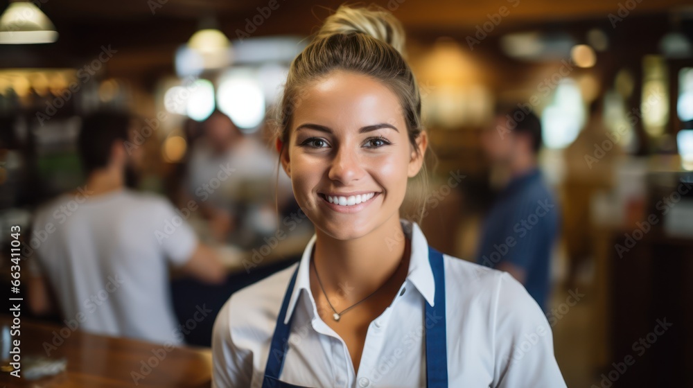 Obraz premium Confident waitress ready for service in a busy restaurant and retail shop