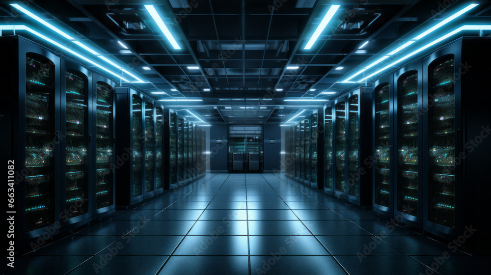 A bank of servers hums away, their blinking lights illuminating the room A bank of servers hums away, their blinking lights illuminating the room