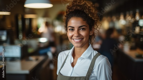 Confident waitress ready for service in a busy restaurant and retail shop
