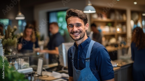 Cheerful barista enjoying the buzz in a lively cafe and retail shop photo