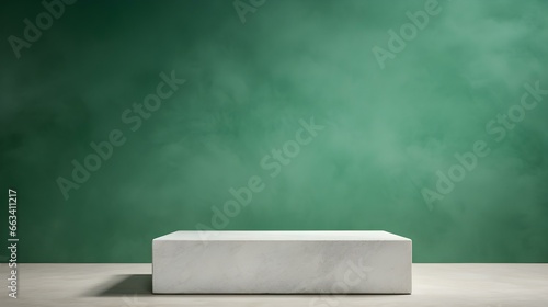 Square Stone Podium in front of a emerald Studio Background. White Pedestal for Product Presentation