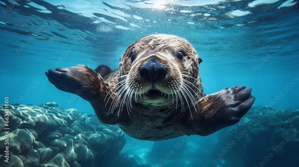 Fototapeta premium Content sea otter on blue background