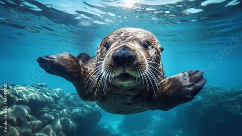 Content sea otter on blue background © mattegg