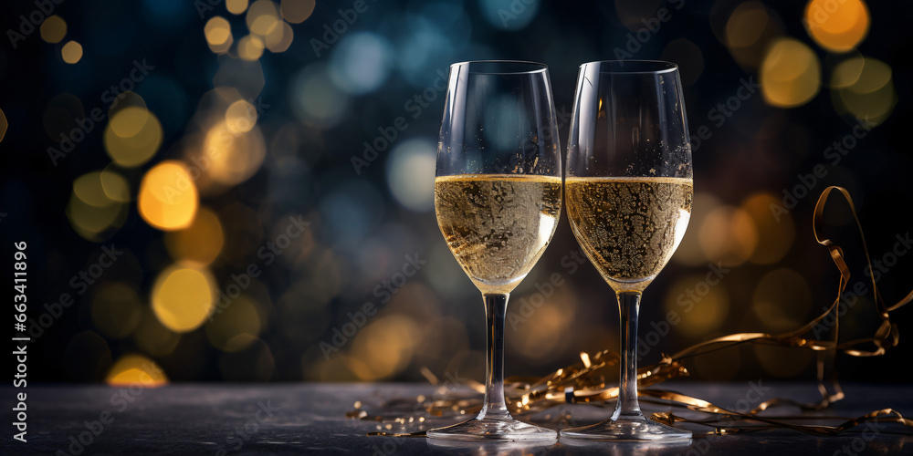 Happy New Year 2024! Two glasses with champagne, ash and serpentine bokeh on a dark background - obrazy, fototapety, plakaty 