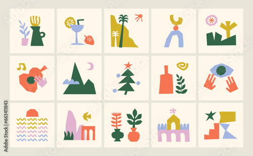Various healthy life scenes in naive and cut style with simple and irregular shapes, Abstract vector composition set