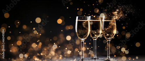 Happy New Year 2024! Two glasses with champagne, ash and serpentine bokeh on a dark background