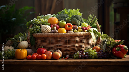 A basket of freshly picked fruits and vegetables  sitting in a farmer s market