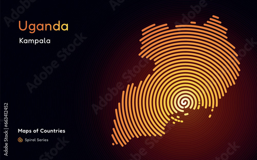 Abstract gold map of Uganda with circle lines. identifying its capital city, Kampala African set. Spiral fingerprint series