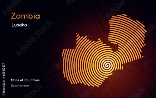 Abstract gold map of Zambia with circle lines. identifying its capital city, Lusaka African set. Spiral fingerprint series