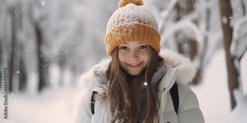 the girl smiles in the snowy forest, cute girl, smile, happy girl, winter hollidays, winter vacation