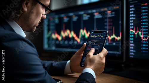 A financial analyst studies a three-dimensional stock price chart displayed on a phone screen, navigating the intricate pathways of market data with precision. 