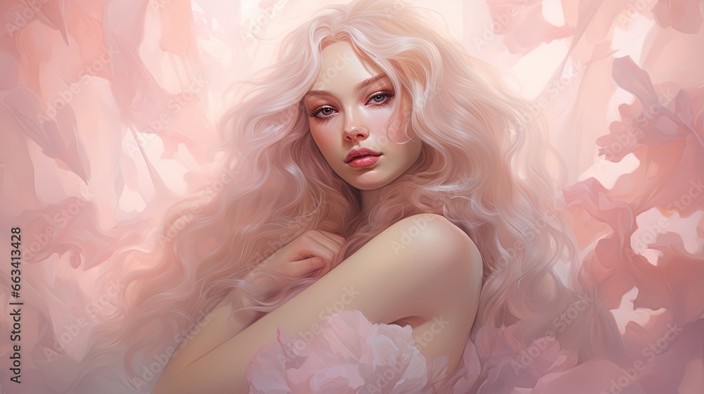 a painting of a woman with long blonde hair and pink flowers. generative ai a painting of a woman with long blonde hair and pink flowers. generative ai