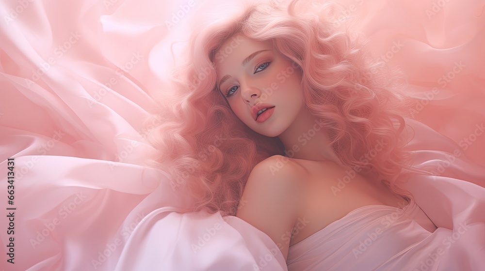 a woman with pink hair laying in a bed of white sheets. generative ai a woman with pink hair laying in a bed of white sheets. generative ai