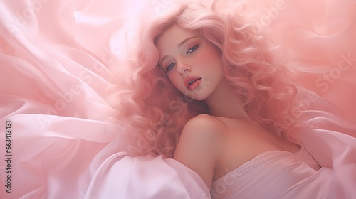  a woman with pink hair laying in a bed of white sheets.  generative ai © Nadia