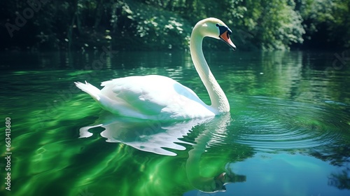 Graceful Swan Swimming in Emerald Green Water © mattegg