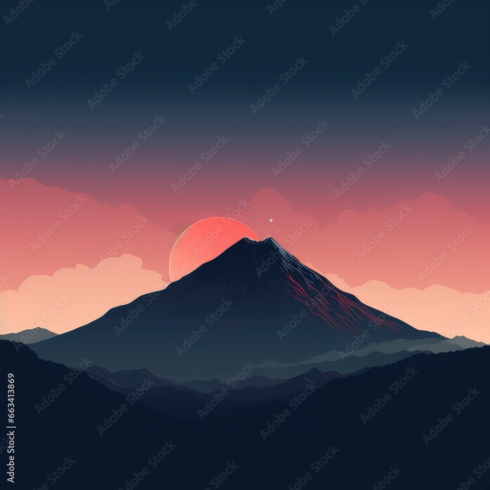 Illustration of beautiful dark mountain landscape with fog and forest. sunrise and sunset in mountains. Silhouette mountain