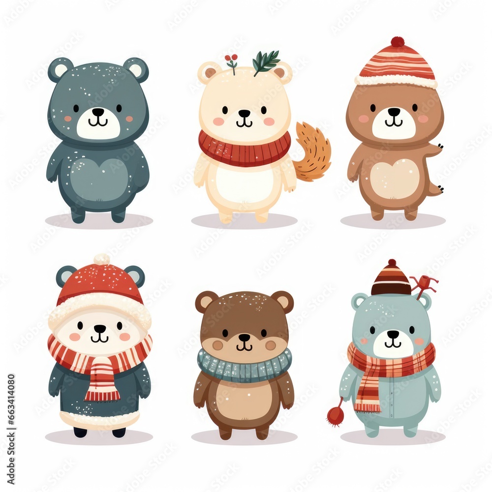 Fototapeta premium Lot d'Animaux de Noël Mignons : Illustrations Vectorielles pour Enfants sur Fond Blanc