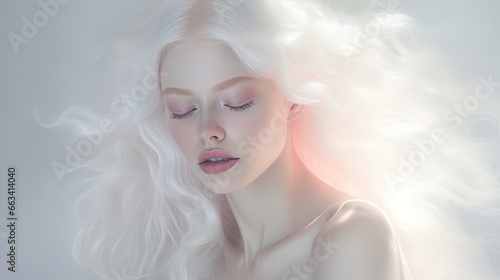  a woman with long white hair and a pink eye shadow. generative ai