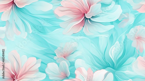  a blue and pink flower background with pink flowers on it.  generative ai