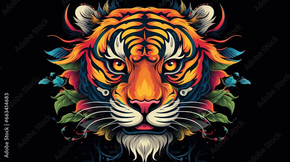 a colorful tiger's head with a black background and a pattern of leaves. generative ai a colorful tiger's head with a black background and a pattern of leaves. generative ai