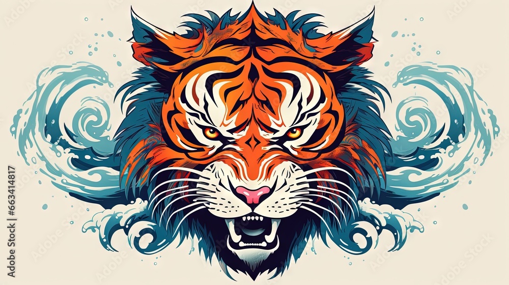  a tiger's head with a splash of water around it.  generative ai