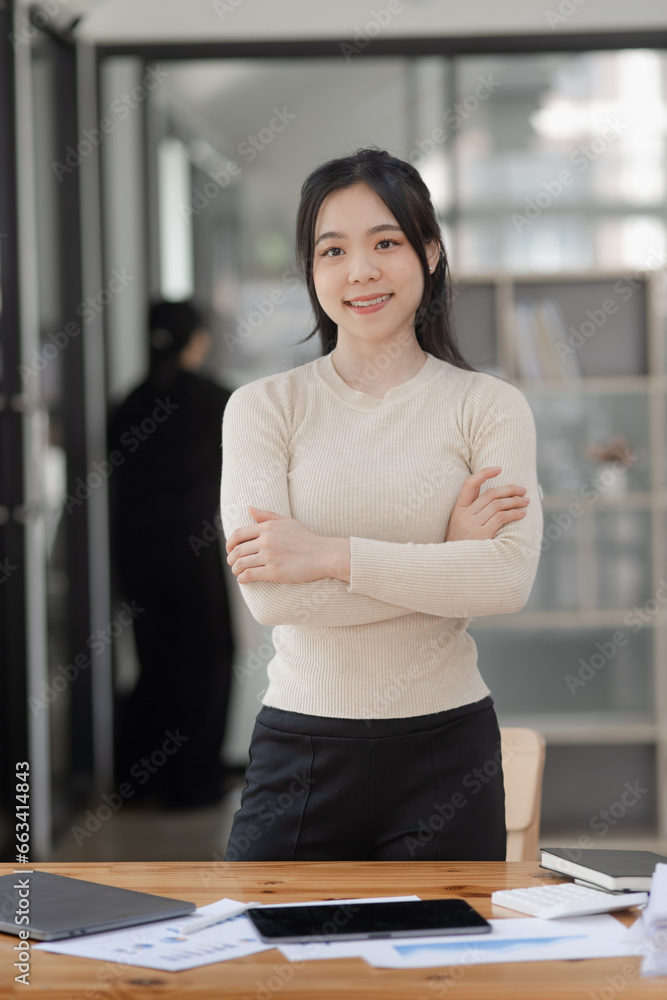 Happy smile asian woman standing in office, Asian woman, online business woman. Happy smile asian woman standing in office, Asian woman, online business woman.