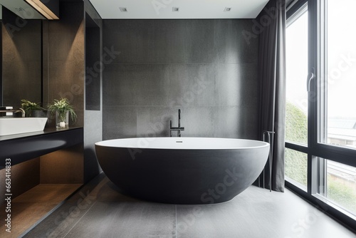 Contemporary bathroom with a grey bathtub. Generative AI