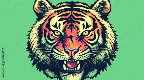  a tiger s head with a green background and a yellow background.  generative ai