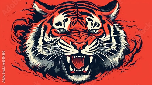  a tiger s head with a red background and a black outline.  generative ai