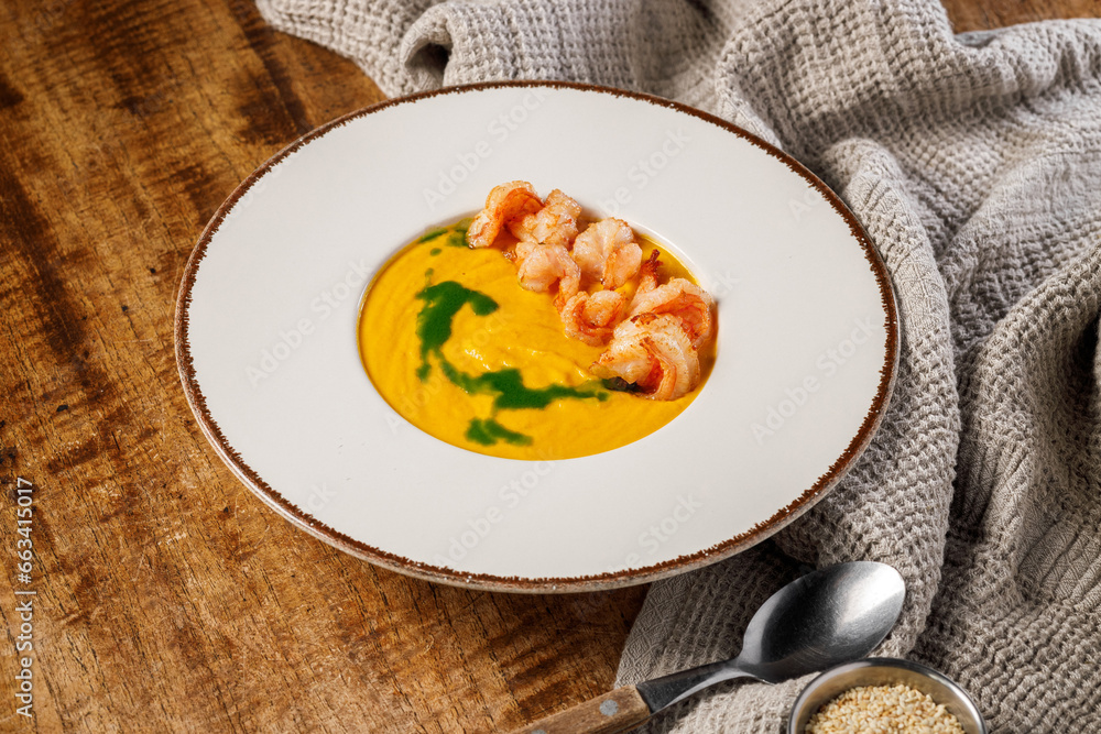 soup with shrimps on a white plate on a wooden background