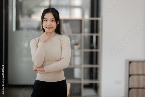Free Download Happy smile asian woman standing in office, Asian woman, online business woman. - GFXLoad