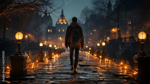 Man Walking Across a Bridge at Night © Sthefany