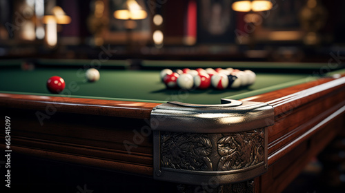 A billiard table, with the balls racked up in the corner photo