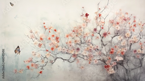  a painting of a tree with flowers and a butterfly flying by. generative ai