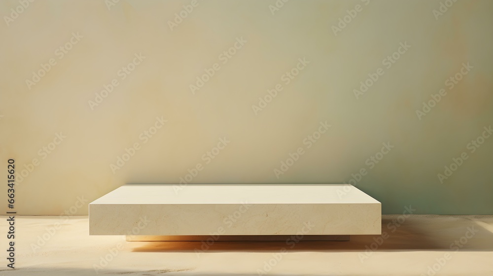 Square Stone Podium in front of a khaki Studio Background. White Pedestal for Product Presentation Square Stone Podium in front of a khaki Studio Background. White Pedestal for Product Presentation